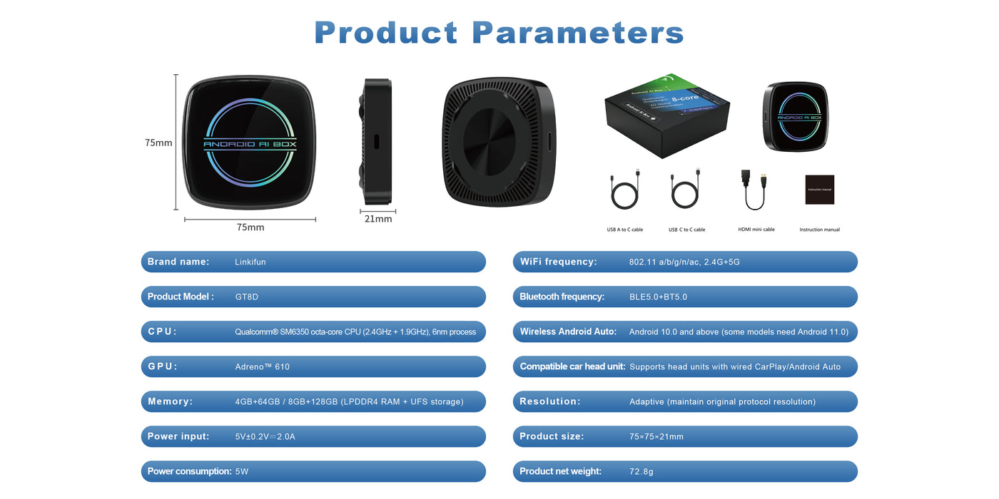 Linkifun GT8D Android 15 Smart AI Box product parameters and device dimensions with HDMI Out