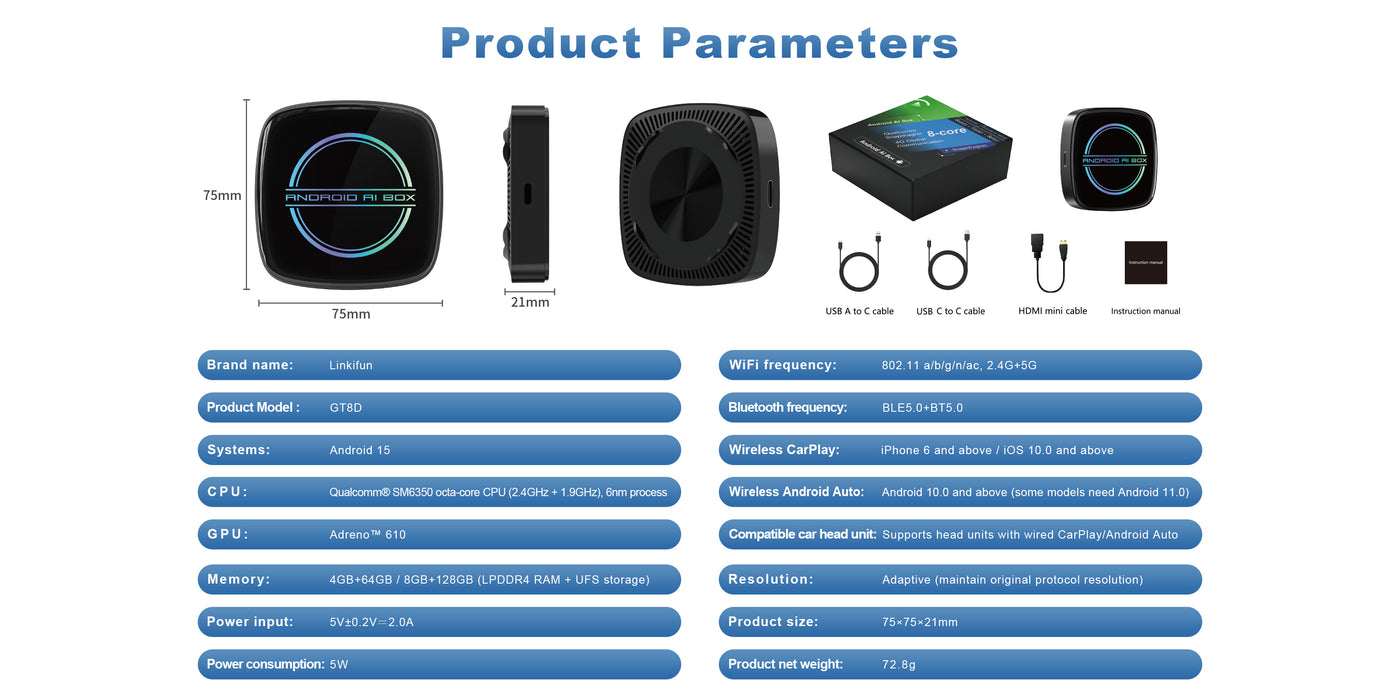 Linkifun GT8D Android 15 Smart AI Box product parameters and device dimensions with HDMI Out