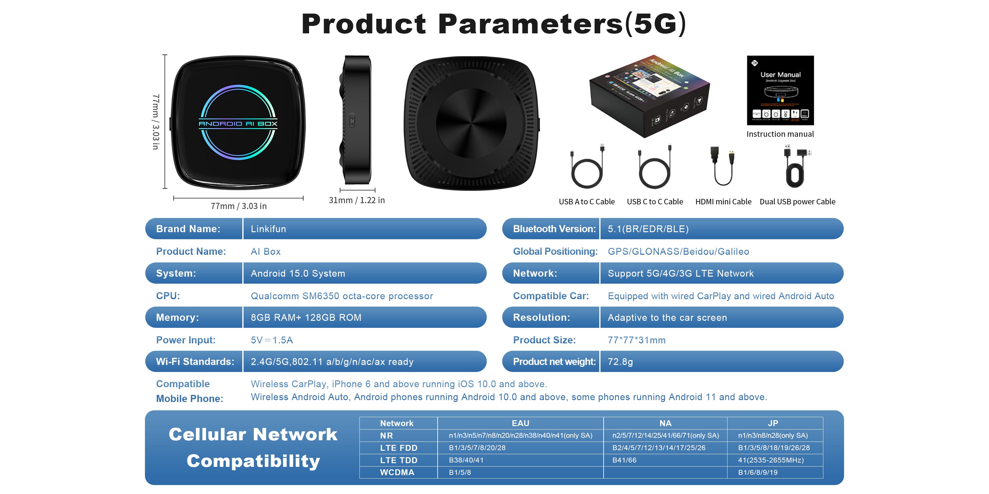 Linkifun GT8D Android 15 Smart AI Box product parameters and device dimensions with HDMI Out