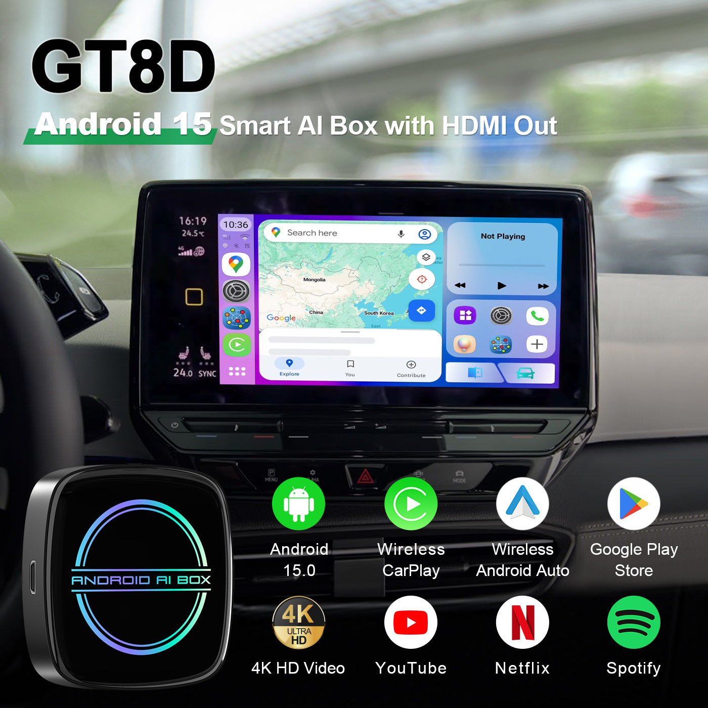 Linkifun GT8D Android 15 Smart AI Box with Wireless CarPlay and Android Auto adapter, featuring customizable ambient lighting – mobile homepage banner