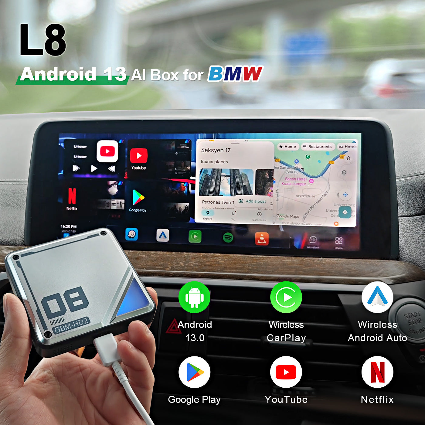 Linkifun L8 Android Smart AI Box Wireless CarPlay and Android Auto Adapter – desktop homepage banner showcasing advanced in-car connectivity