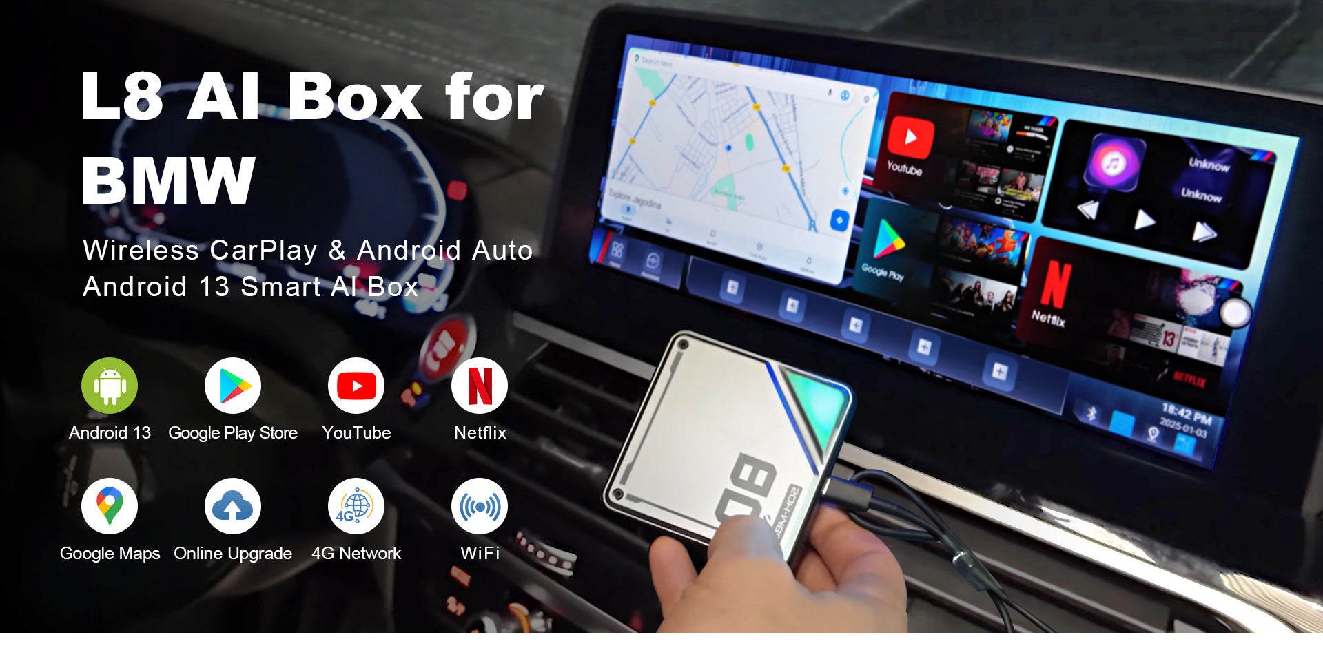 Linkifun L8 Android Smart AI Box Wireless CarPlay and Android Auto Adapter – desktop homepage banner showcasing advanced in-car connectivity