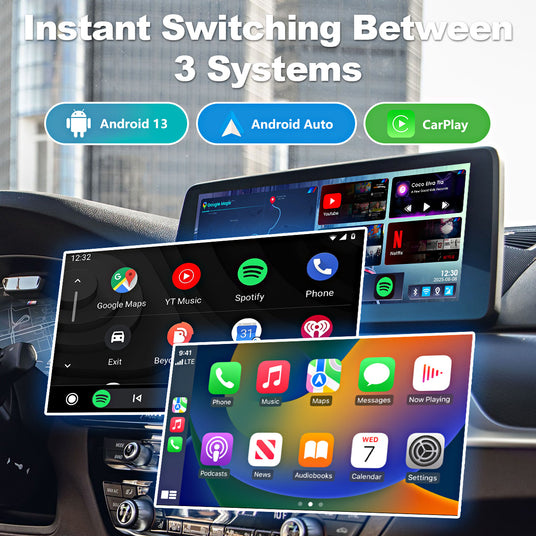 3-in-1 system switching feature of the Linkifun L8 CarPlay Android AI Box, allowing users to choose between Android system, Wireless CarPlay, and Wireless Android Auto.