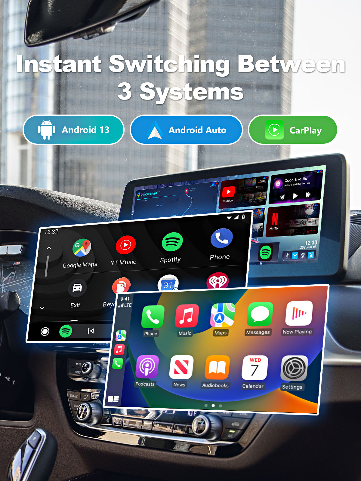 3-in-1 system switching feature of the Linkifun L8 CarPlay Android AI Box, allowing users to choose between Android system, Wireless CarPlay, and Wireless Android Auto.
