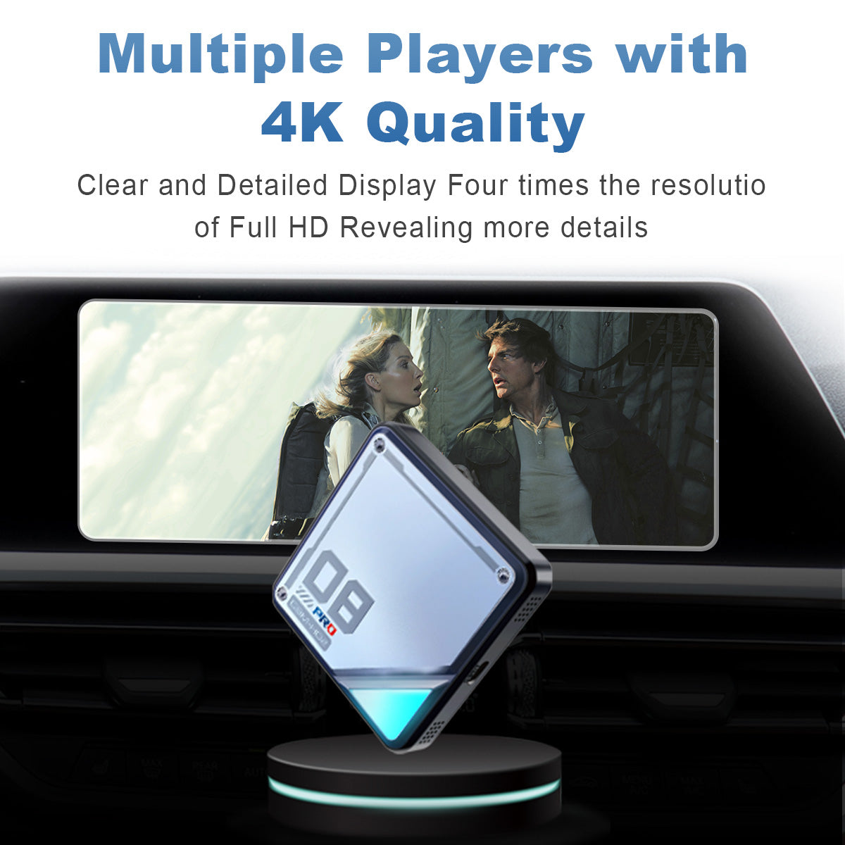 4K Ultra HD media playback on the Linkifun L8 CarPlay Android AI Box, supporting YouTube, Hulu, Netflix, Disney+, and other streaming apps in 3840x2160 resolution.