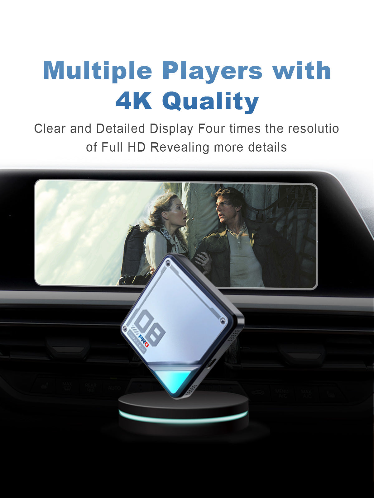 4K Ultra HD media playback on the Linkifun L8 CarPlay Android AI Box, supporting YouTube, Hulu, Netflix, Disney+, and other streaming apps in 3840x2160 resolution.