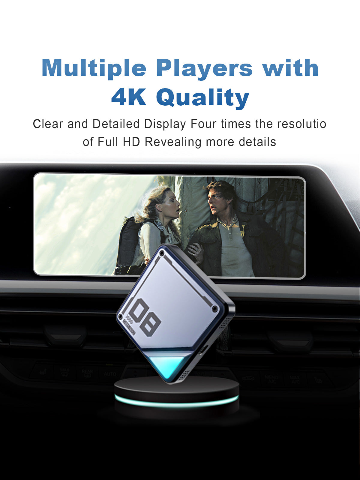 4K Ultra HD media playback on the Linkifun L8 CarPlay Android AI Box, supporting YouTube, Hulu, Netflix, Disney+, and other streaming apps in 3840x2160 resolution.
