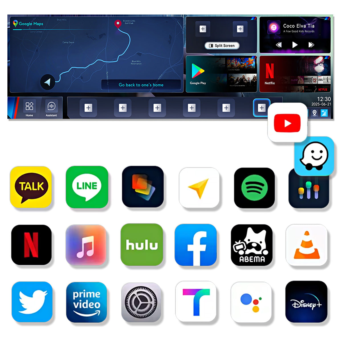 Google Play app download feature of the Linkifun L8 CarPlay Android AI Box, allowing users to install YouTube, Google Maps, Netflix, Spotify, and more for in-car entertainment.