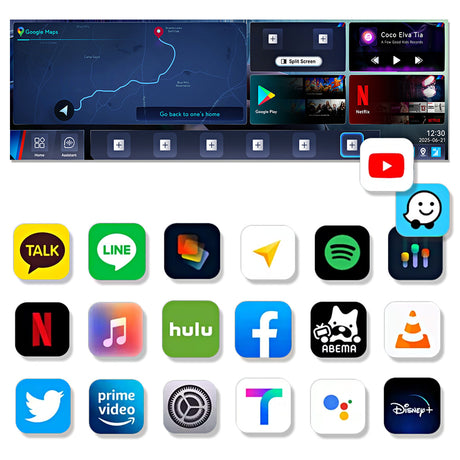 Google Play app download feature of the Linkifun L8 CarPlay Android AI Box, allowing users to install YouTube, Google Maps, Netflix, Spotify, and more for in-car entertainment.