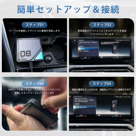Initial connection guide for the Linkifun L8 CarPlay Android AI Box, explaining that BMW models auto-connect after the first setup, while MINI Cooper and Toyota GR Supra require manual connection each time. Smartphone not required for connection.
