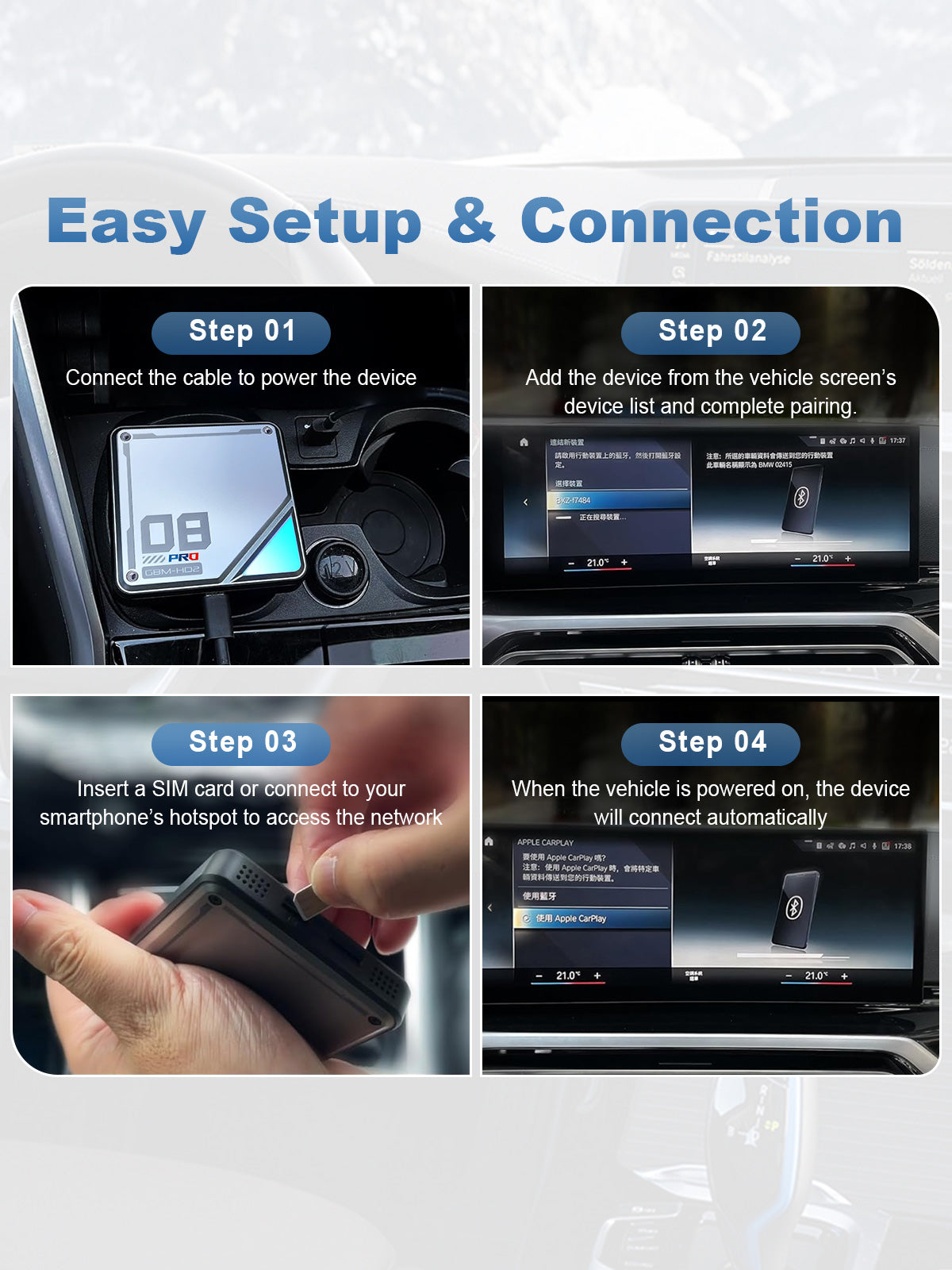 Initial connection guide for the Linkifun L8 CarPlay Android AI Box, explaining that BMW models auto-connect after the first setup, while MINI Cooper and Toyota GR Supra require manual connection each time. Smartphone not required for connection.