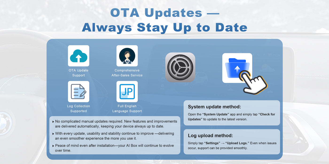 Online firmware update feature of the Linkifun L8 CarPlay Android AI Box displayed in a desktop layout, showing OTA system upgrade capability.
