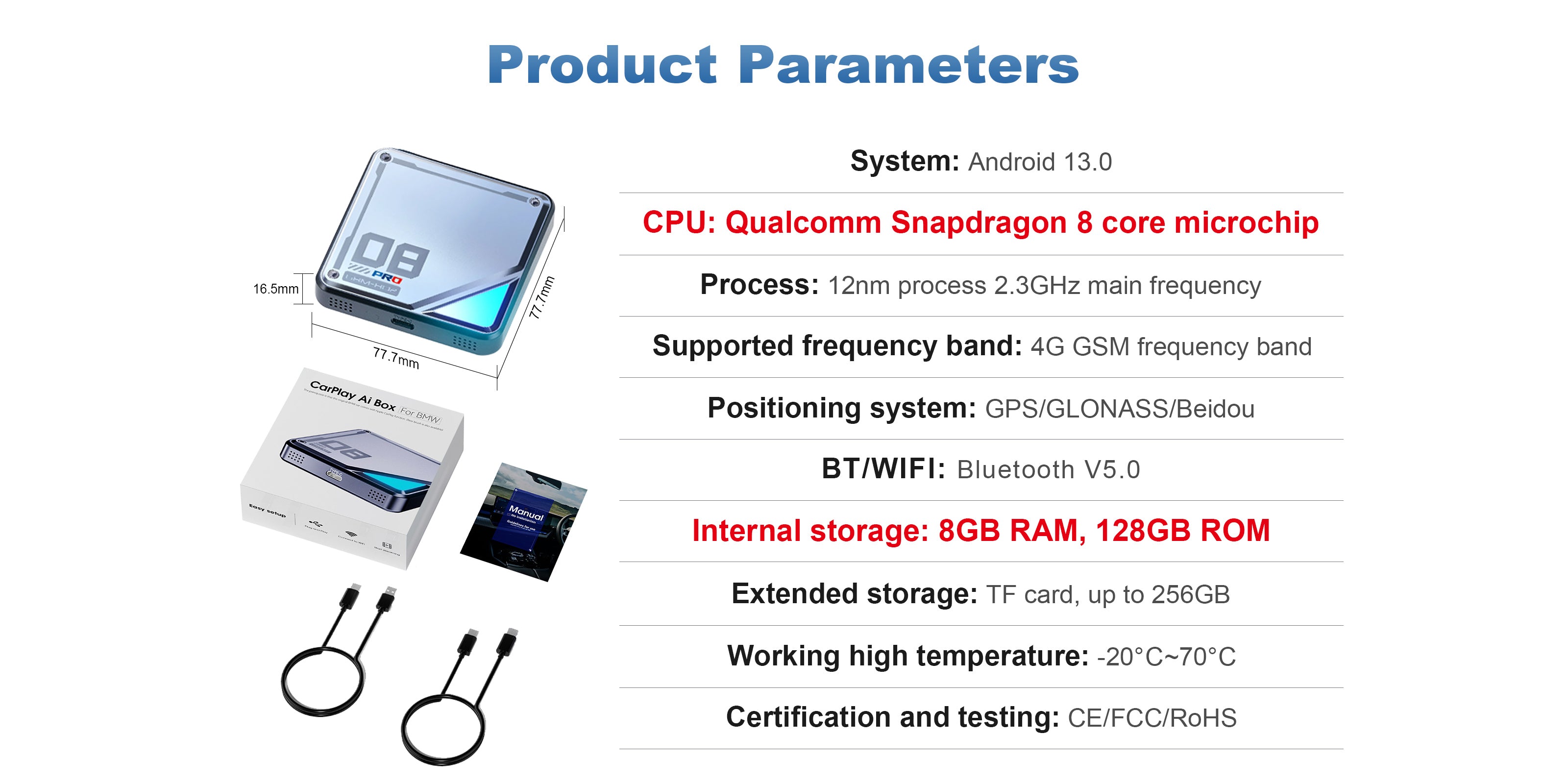 Specifications and dimensions of the Linkifun L8 CarPlay Android AI Box displayed in a mobile-friendly format, including measurements and key features.