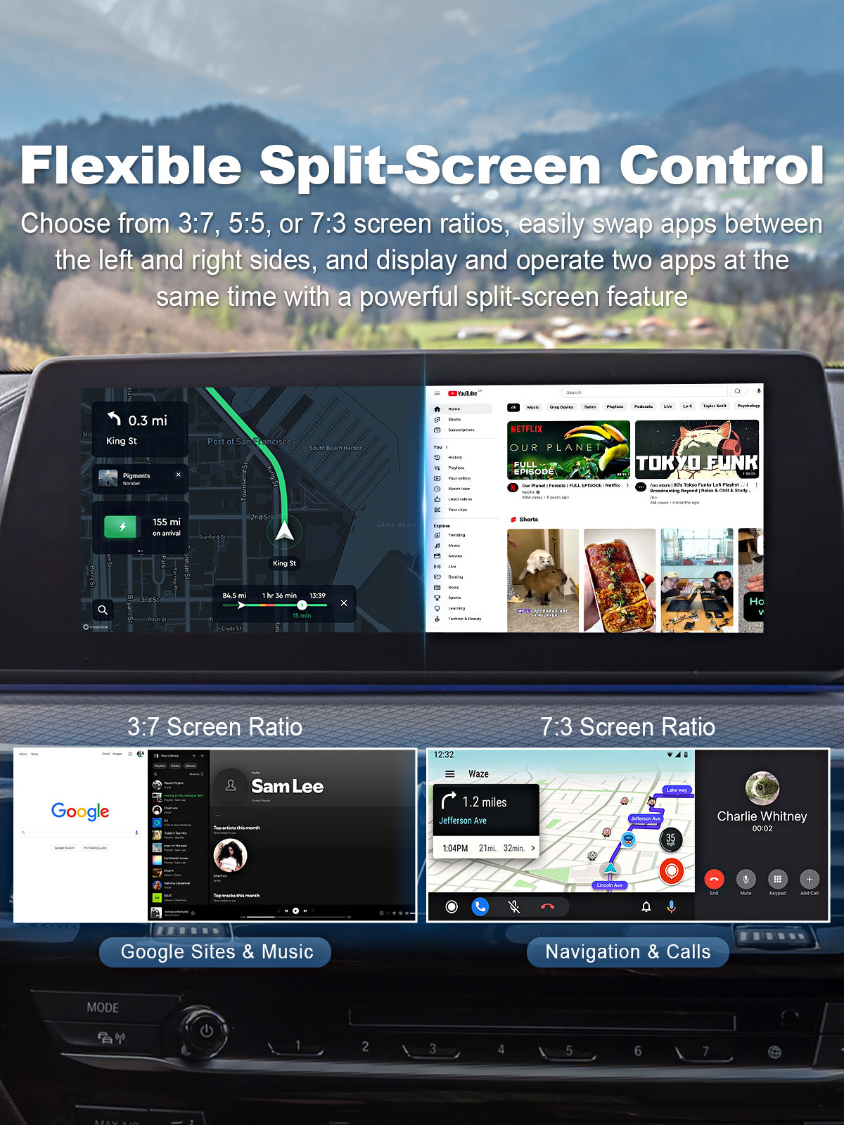 Split-screen multitasking feature of the Linkifun L8 CarPlay Android AI Box, allowing customizable screen ratios and quick-access presets for navigation, video, and music apps.