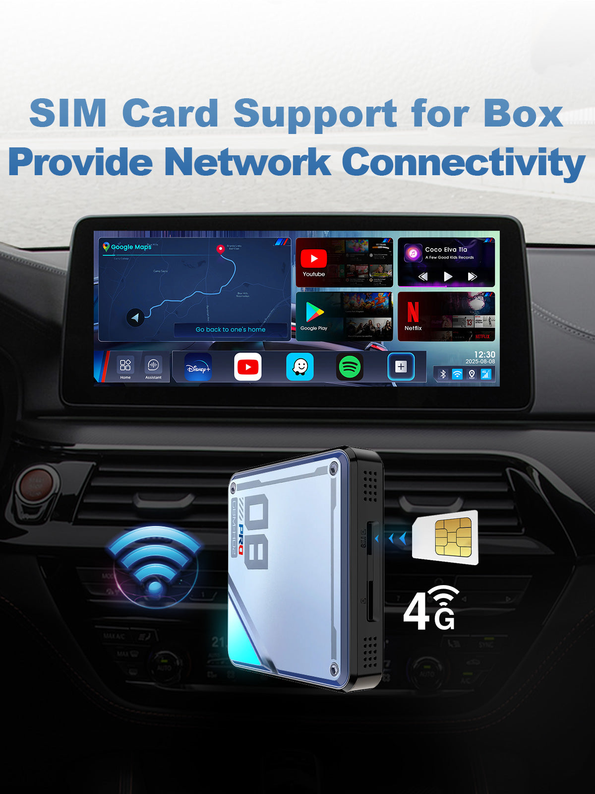 Versatile connectivity options of the Linkifun L8 CarPlay Android AI Box, supporting SIM card internet and mobile hotspot connection for reliable online access.