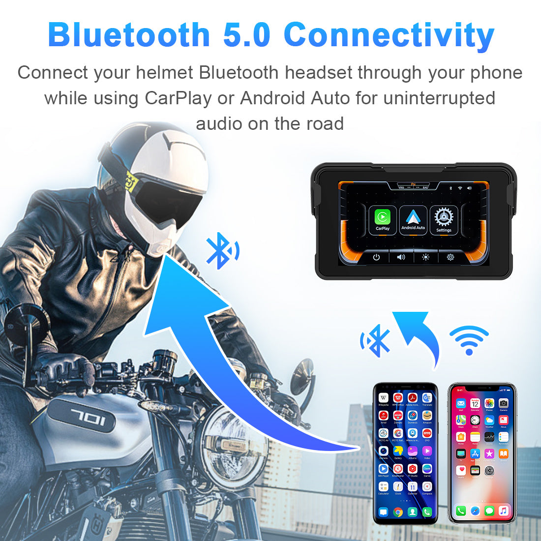 Linkifun M11A motorcycle screen with Bluetooth 5.0 connectivity for pairing helmet headset via smartphone while using CarPlay or Android Auto