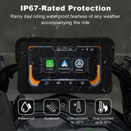 Linkifun M11A motorcycle screen with IP67 waterproof and dustproof protection for reliable use in rain, dust, and extreme temperatures