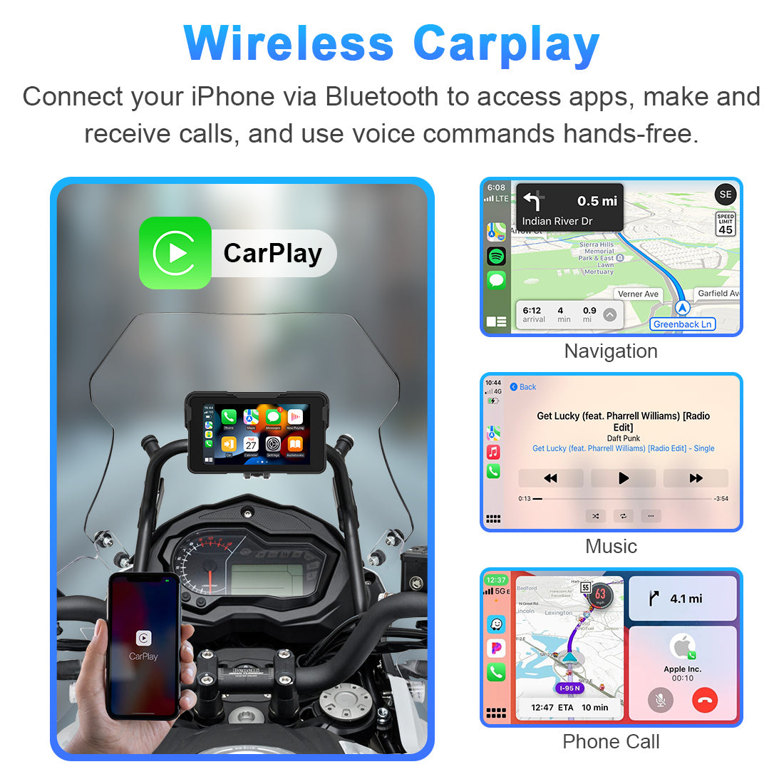 Linkifun M11A motorcycle screen with wireless Apple CarPlay for iPhone navigation, hands-free calling, and Siri control