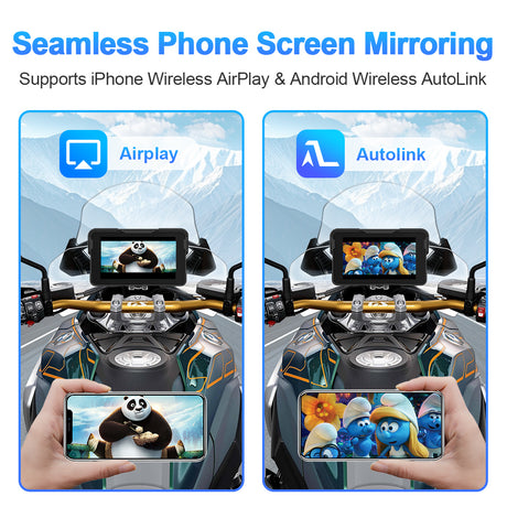 Linkifun M11A motorcycle screen with wireless screen mirroring via iPhone AirPlay and Android AutoLink for GPS and media sharing