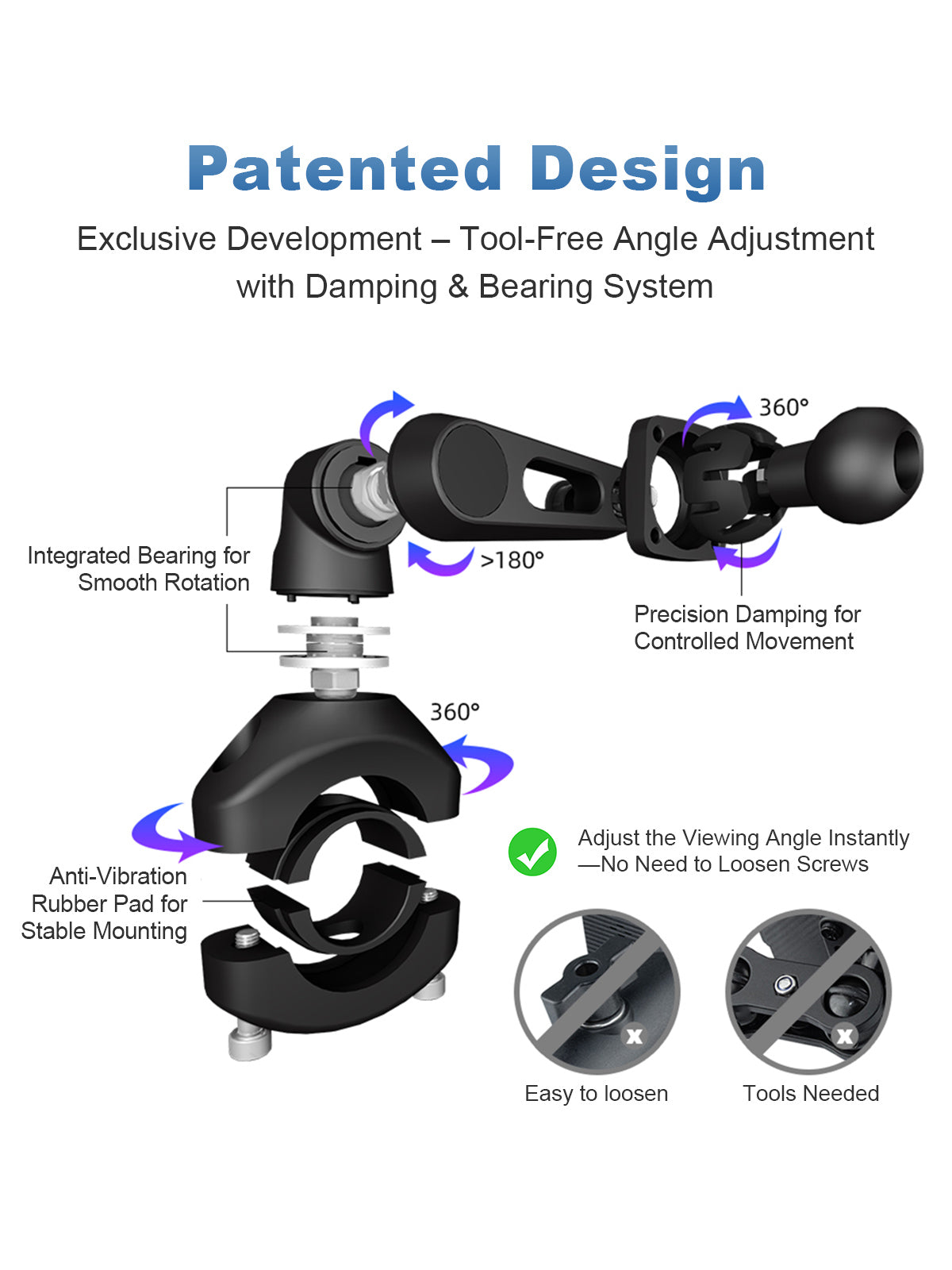 Linkifun MT1 motorcycle navigation screen with patented 360-degree rotating mount, tool-free adjustment, anti-vibration rubber pad, and smooth stable repositioning
