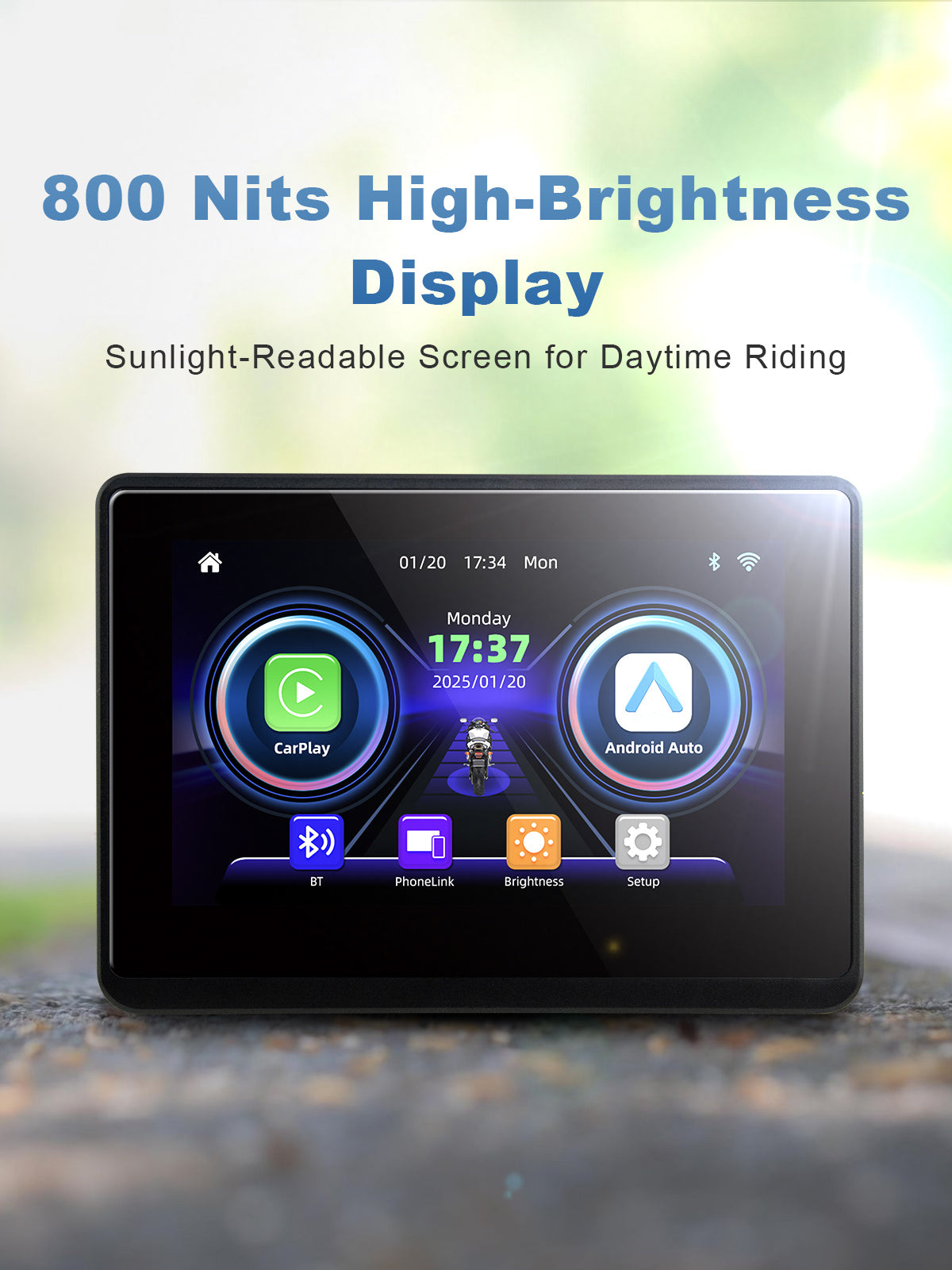 Linkifun MT1 motorcycle navigation screen with 800 nits high-brightness sunlight-readable display for clear outdoor visibility and sharp visuals in all lighting conditions