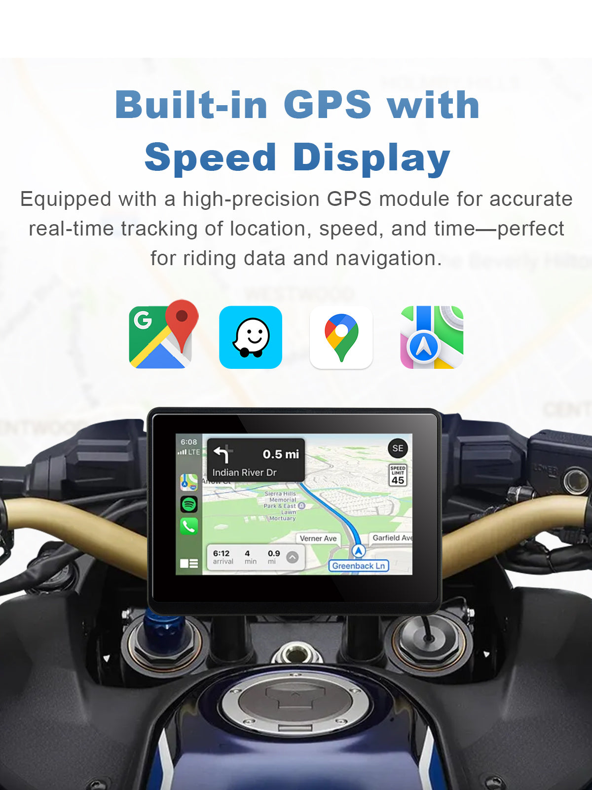 Linkifun MT1 motorcycle navigation screen with built-in GPS module for accurate real-time speed, location, and time data, supporting route tracking and offline navigation