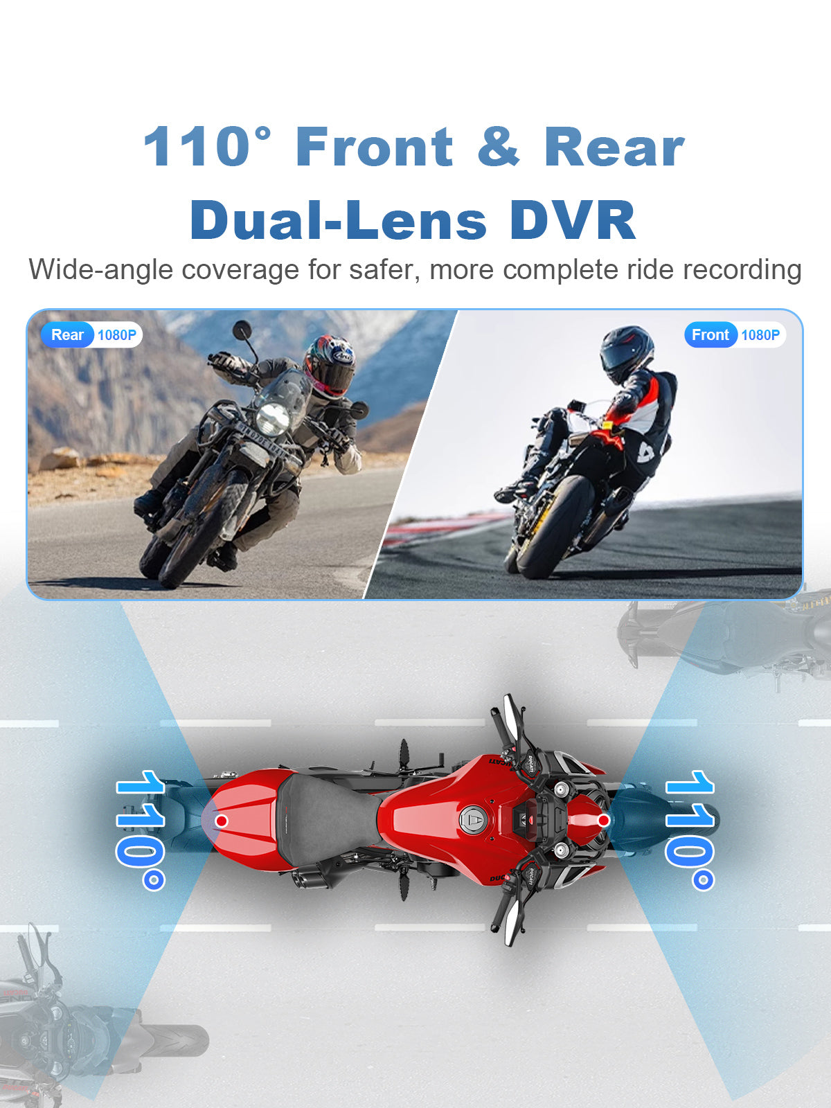 Linkifun MT1 motorcycle navigation screen with front and rear 1080P DVR recording and 110-degree wide-angle coverage for full-ride safety and evidence recording