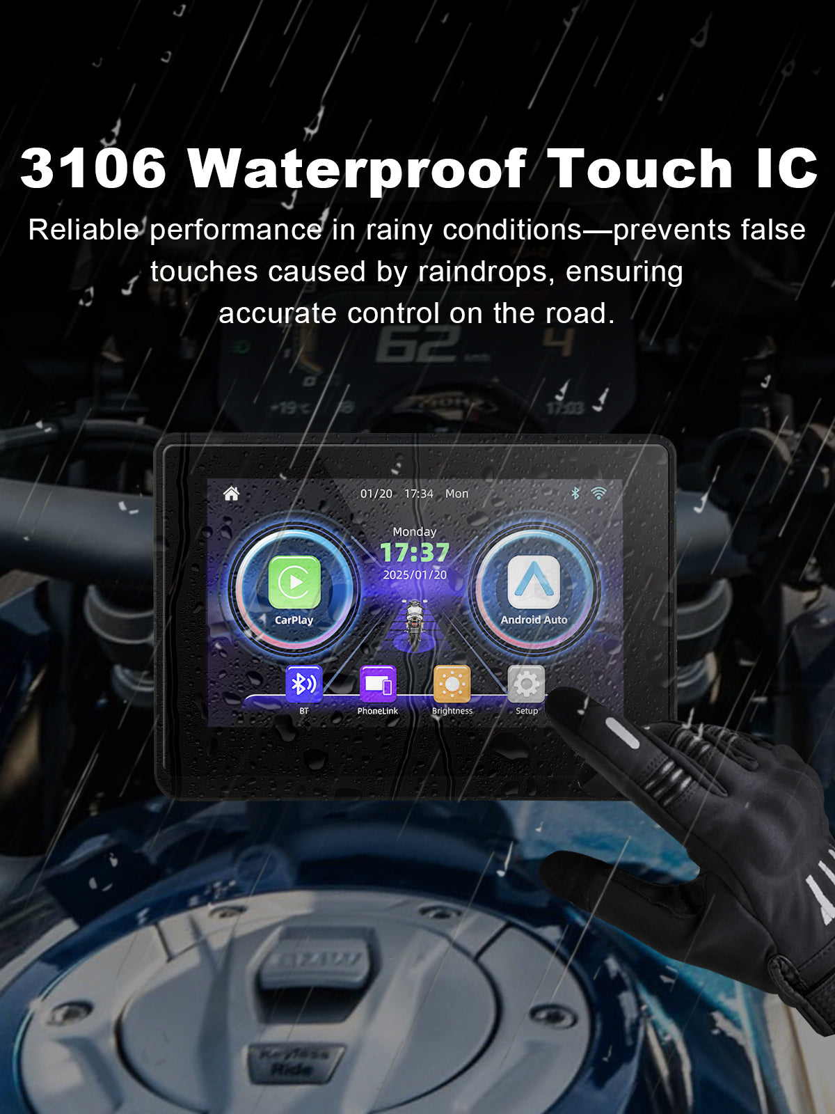 Linkifun MT1 motorcycle navigation screen with waterproof touch IC for accurate and reliable control in the rain, preventing false touches from raindrops