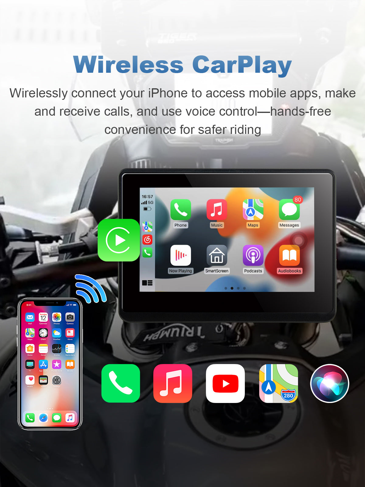 Linkifun MT1 motorcycle navigation screen with wireless Apple CarPlay for iPhone users, supporting Apple Maps, Siri voice control, music, and calls