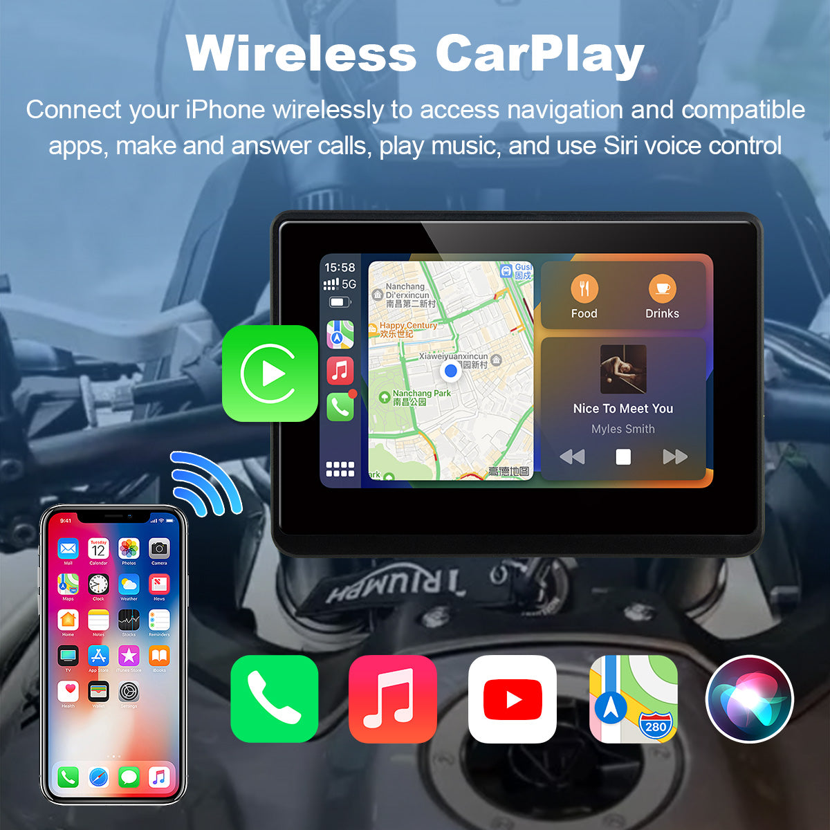 Linkifun™ MT1 5" Motorcycle Navigation Display with Wireless CarPlay & Android Auto, Portrait/Landscape Rotation, 800-Nit IPS, Optional TPMS & IP67