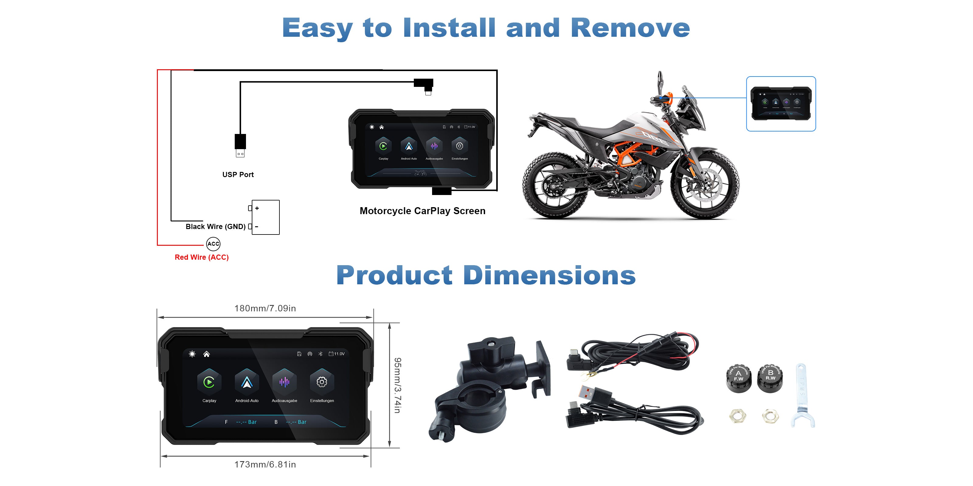 Linkifun MT10 motorcycle navigation screen wiring installation diagram showing power connection and setup