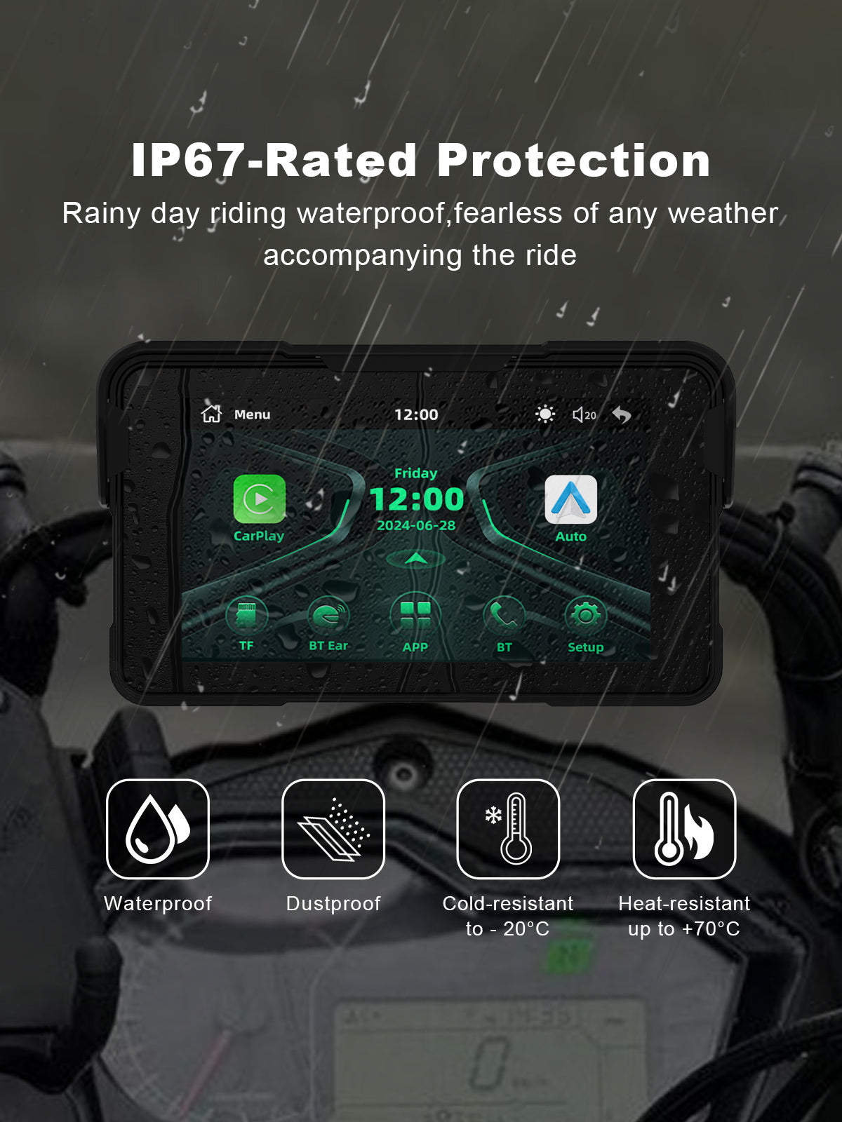 Linkifun MT11 motorcycle navigation screen with IP67 waterproof and dustproof protection, designed for all-weather durability and reliable performance from -20°C to 70°C in rain, dust, and extreme climates