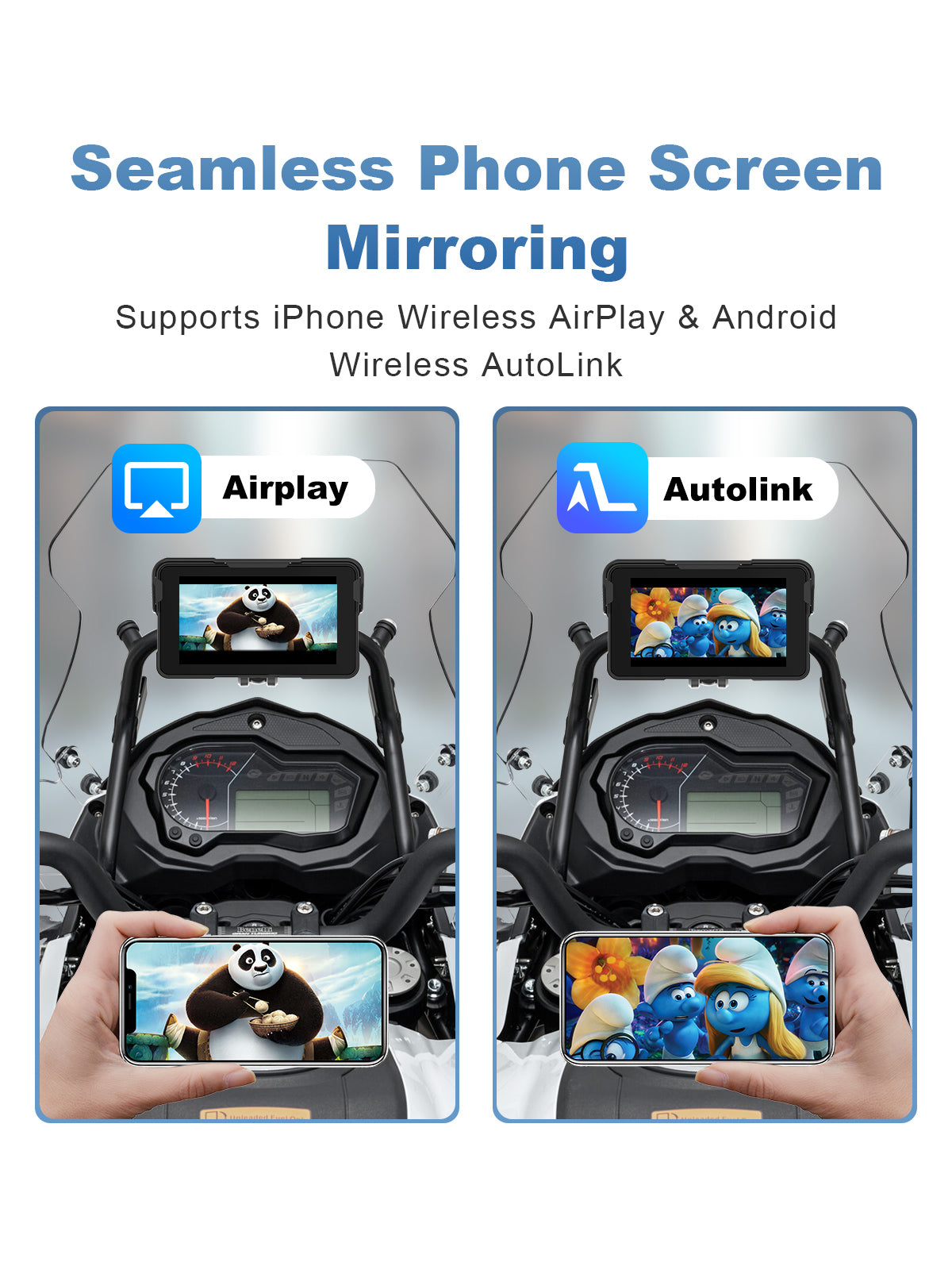 Linkifun MT11 motorcycle navigation screen with seamless phone screen mirroring, supporting iPhone AirPlay and Android AutoLink for GPS apps, YouTube videos, ride stats, and media sharing