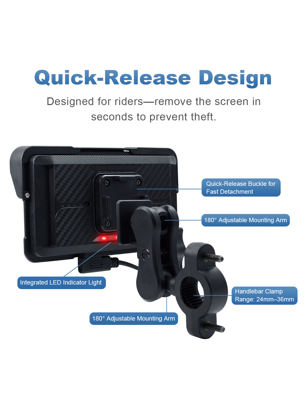 Linkifun MT11 motorcycle navigation screen with quick-release mount for easy removal, theft prevention, and daily convenience without the need for tools