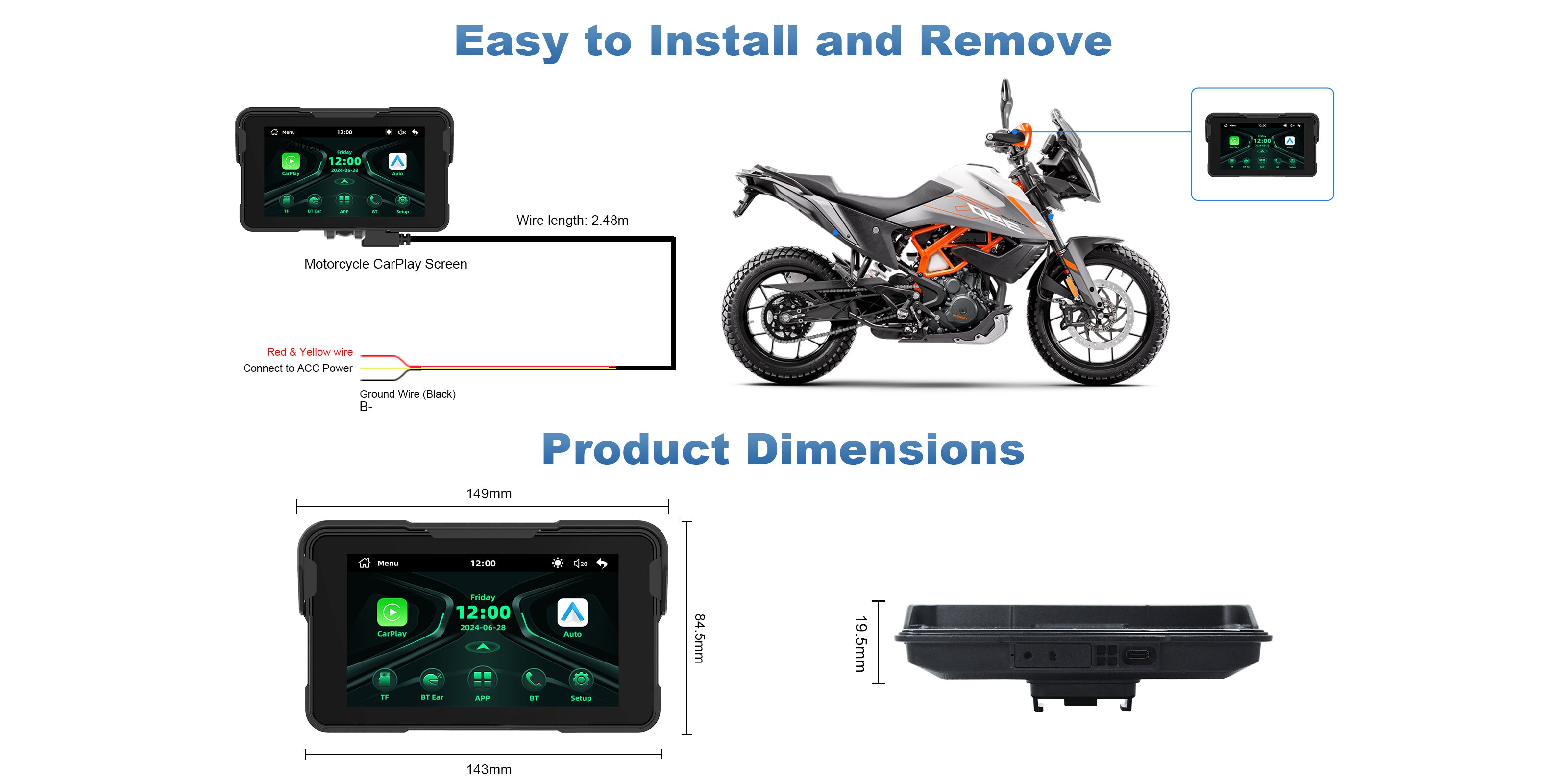 Linkifun MT11 motorcycle navigation screen wiring installation diagram with step-by-step cable connections for clean and professional setup