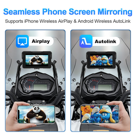 Linkifun MT11 motorcycle screen with seamless phone screen mirroring via iPhone AirPlay and Android AutoLink for media, apps, and GPS display