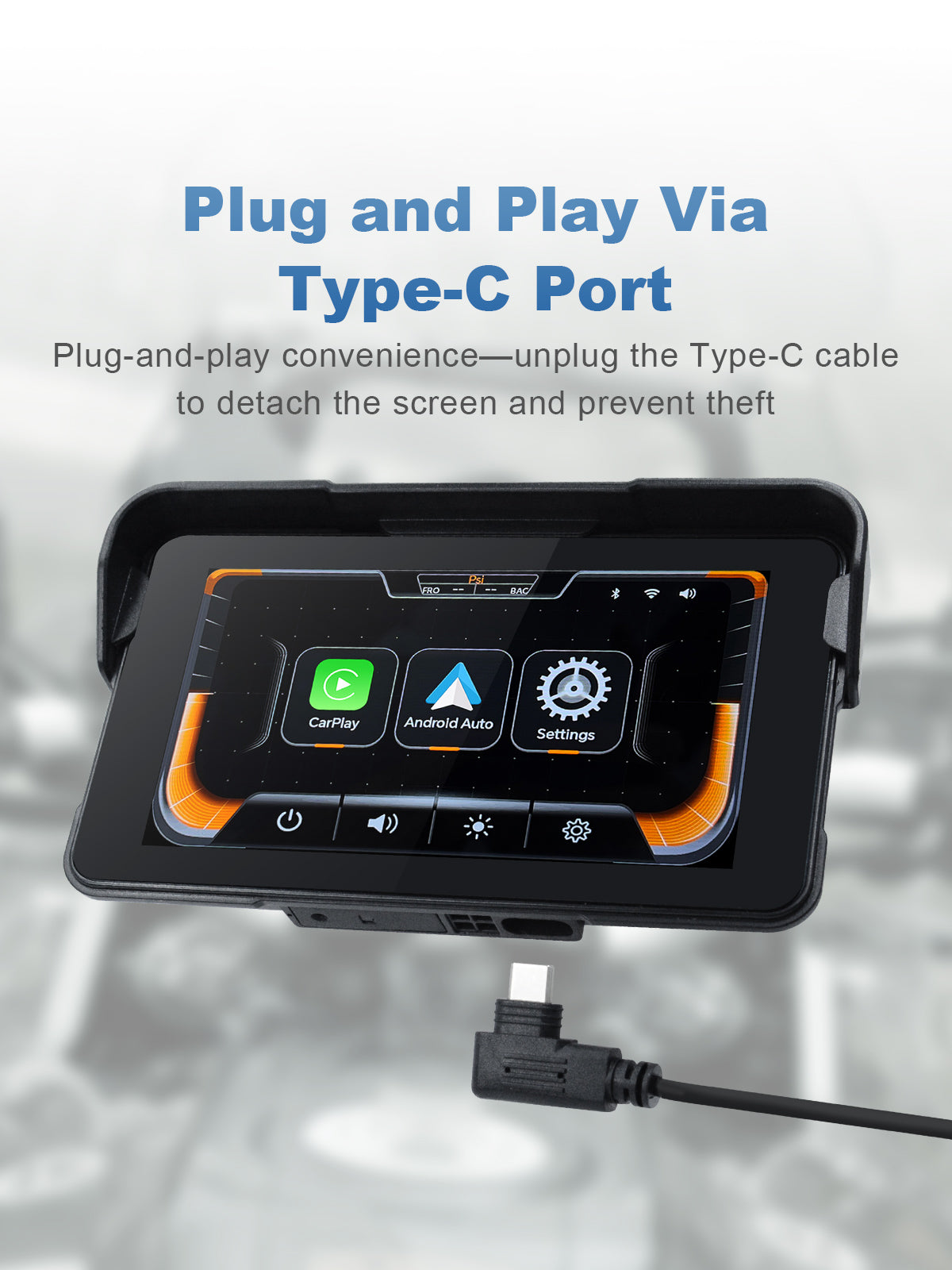 Linkifun MT11A motorcycle navigation screen with convenient detachable Type-C plug connection, allowing quick removal for theft protection and weather safety