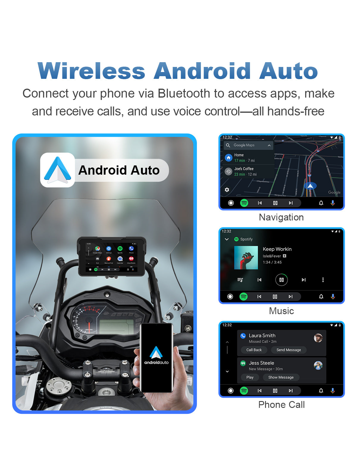 Linkifun MT11A motorcycle navigation screen with wireless Android Auto support for Android users, allowing Google Maps, Google Assistant, music streaming, and hands-free calls