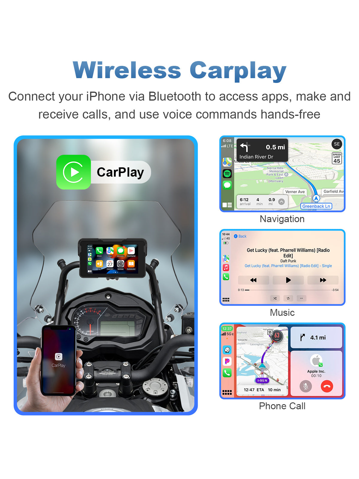 Linkifun MT11A motorcycle navigation screen with wireless Apple CarPlay support for iPhone, providing Apple Maps, Siri voice commands, music, and calls without cables