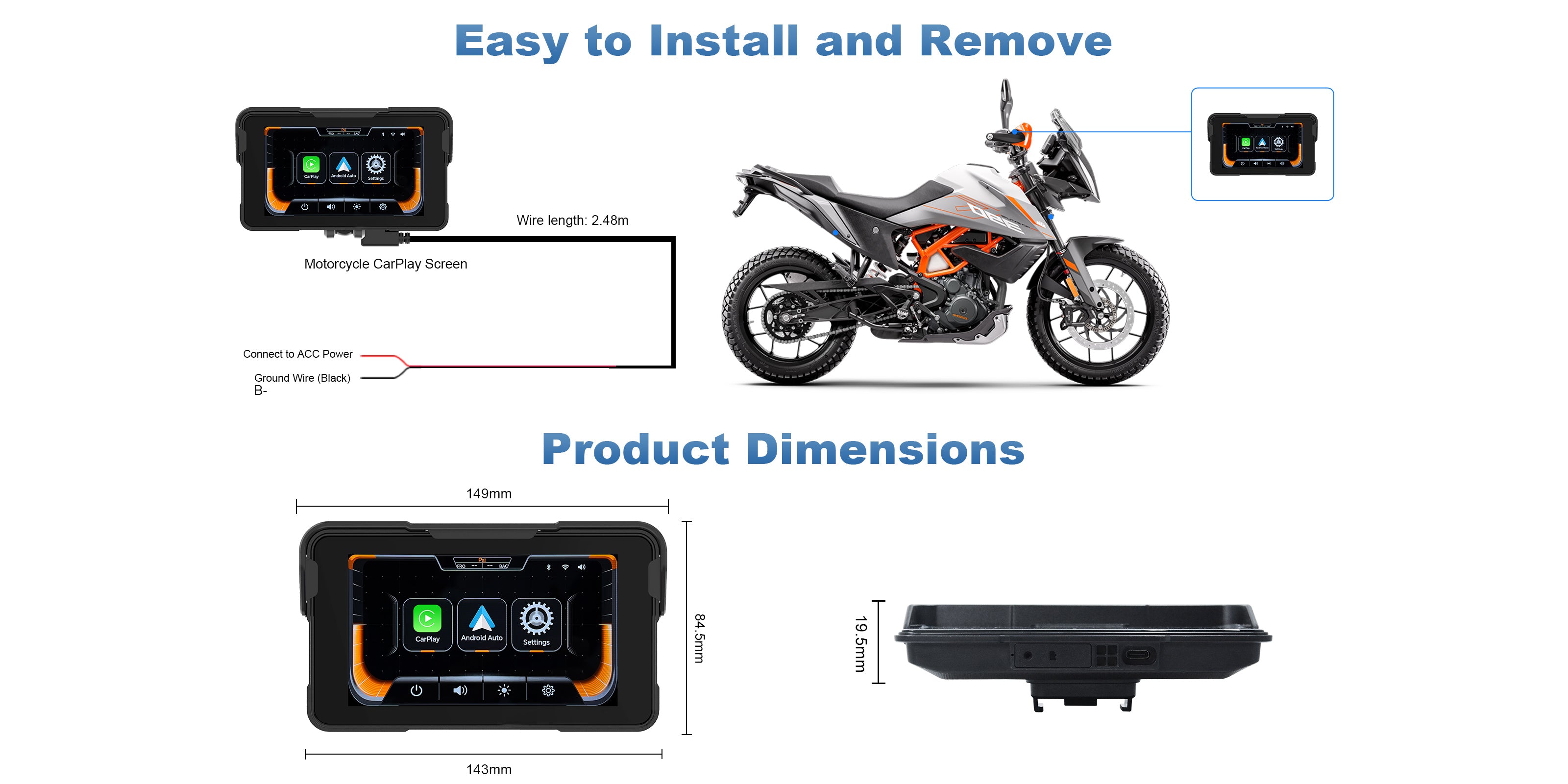 Linkifun MT11A motorcycle navigation screen wiring diagram showing 12V power connection and Type-C plug setup for easy installation