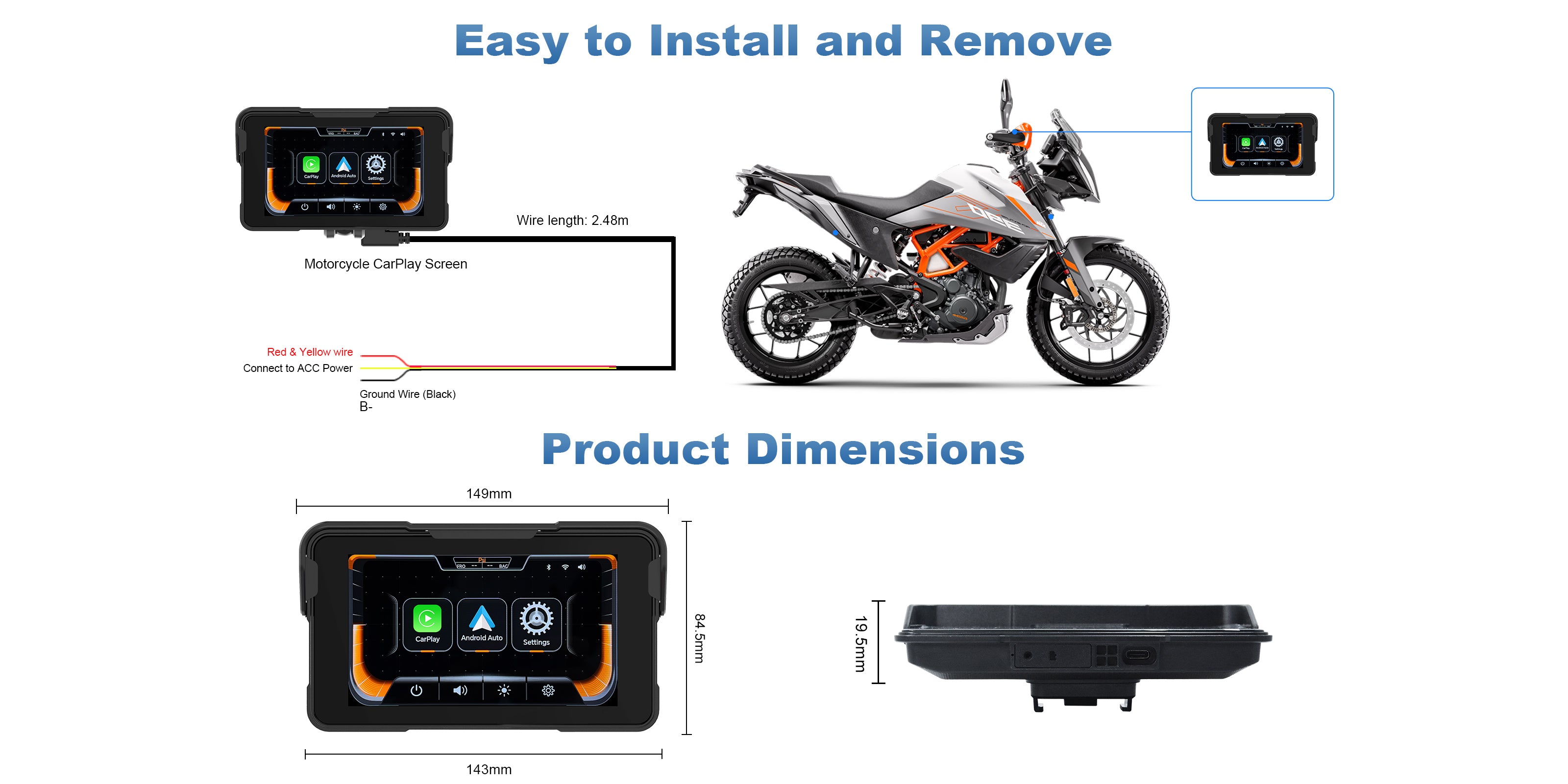 Linkifun MT11A motorcycle navigation screen wiring diagram showing 12V power connection and Type-C plug setup for easy installation