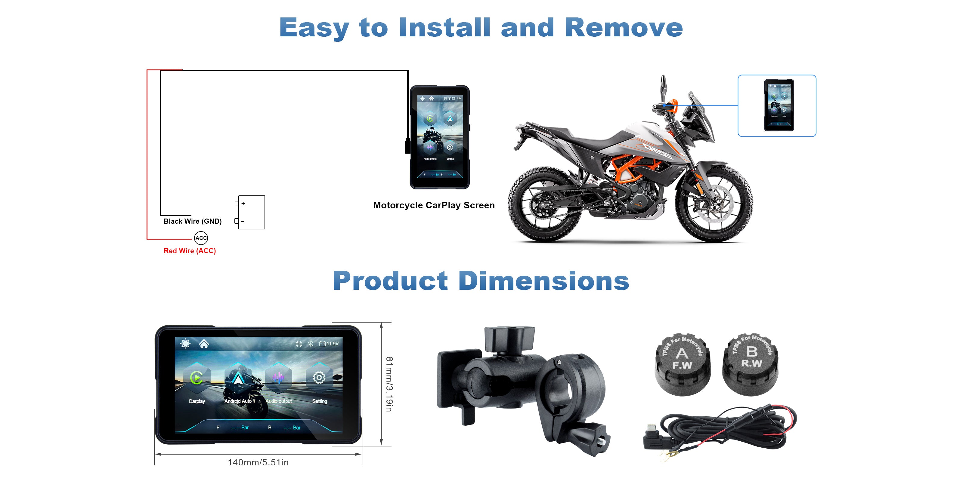 Linkifun MT11B motorcycle navigation screen wiring installation diagram showing power connection and setup