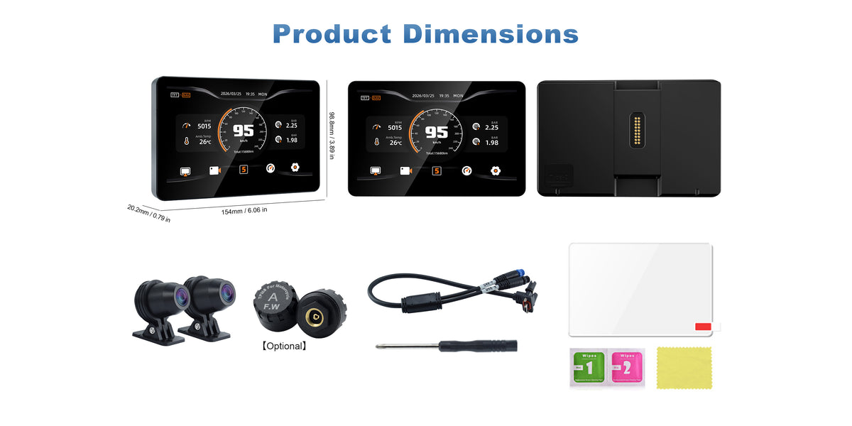 Linkifun MT13A Pro BMW motorcycle display product dimensions and package contents overview, showing size specifications and included accessories.