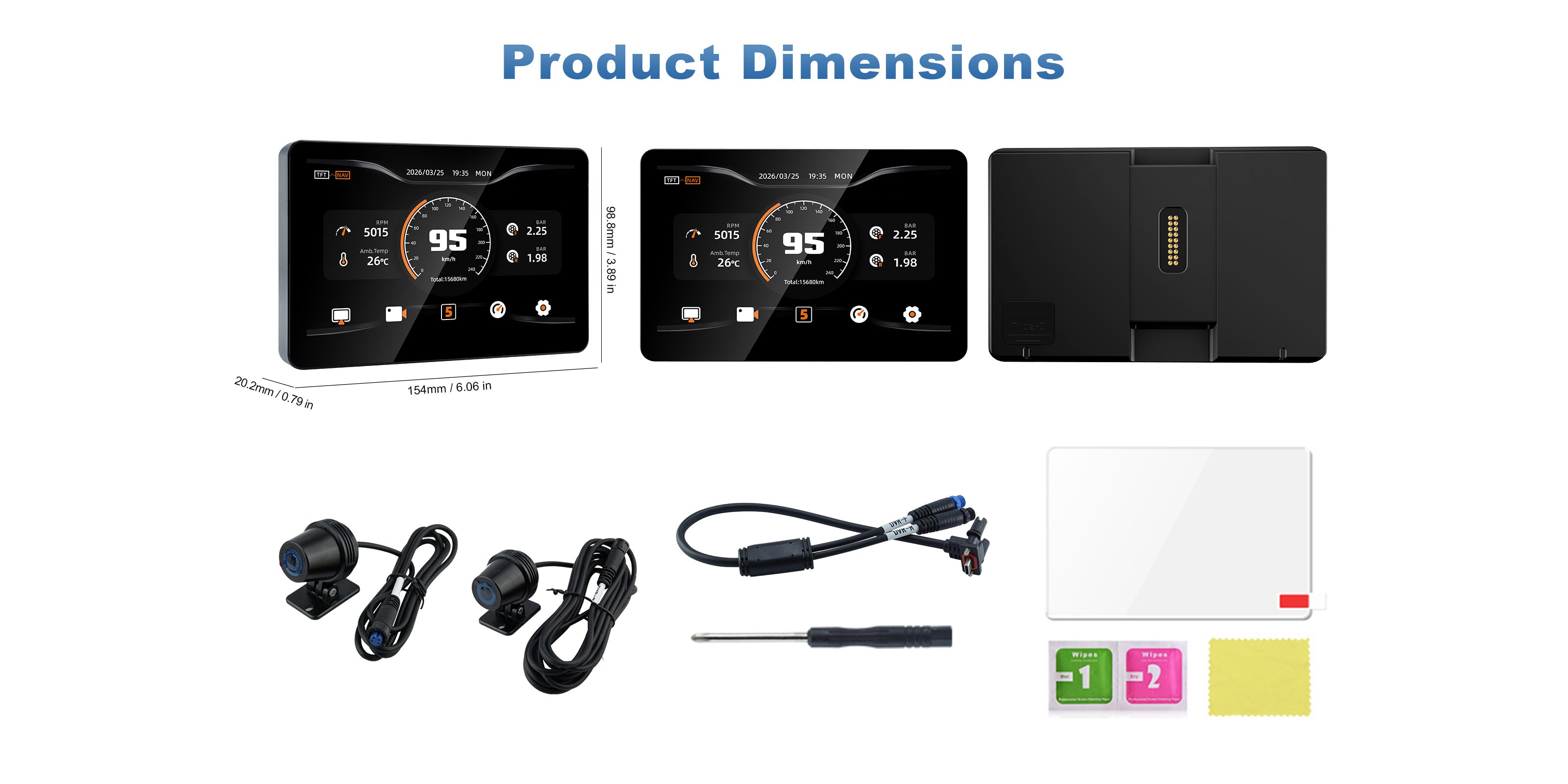 Linkifun MT13A Pro BMW motorcycle display product dimensions and package contents overview, showing size specifications and included accessories.