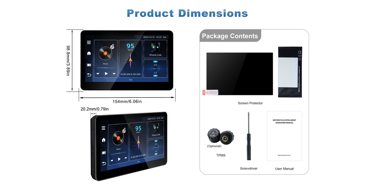 Linkifun MT13C BMW motorcycle display showing product dimensions and package contents, including screen size and included accessories.