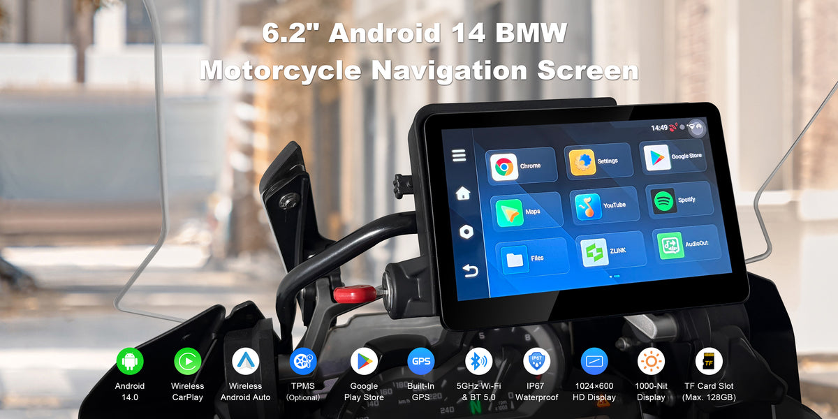 Linkifun MT13C BMW motorcycle display feature overview poster showing Android 14 system, built-in GPS, wireless CarPlay and Android Auto, Wi-Fi connectivity, and IP67 waterproof design.