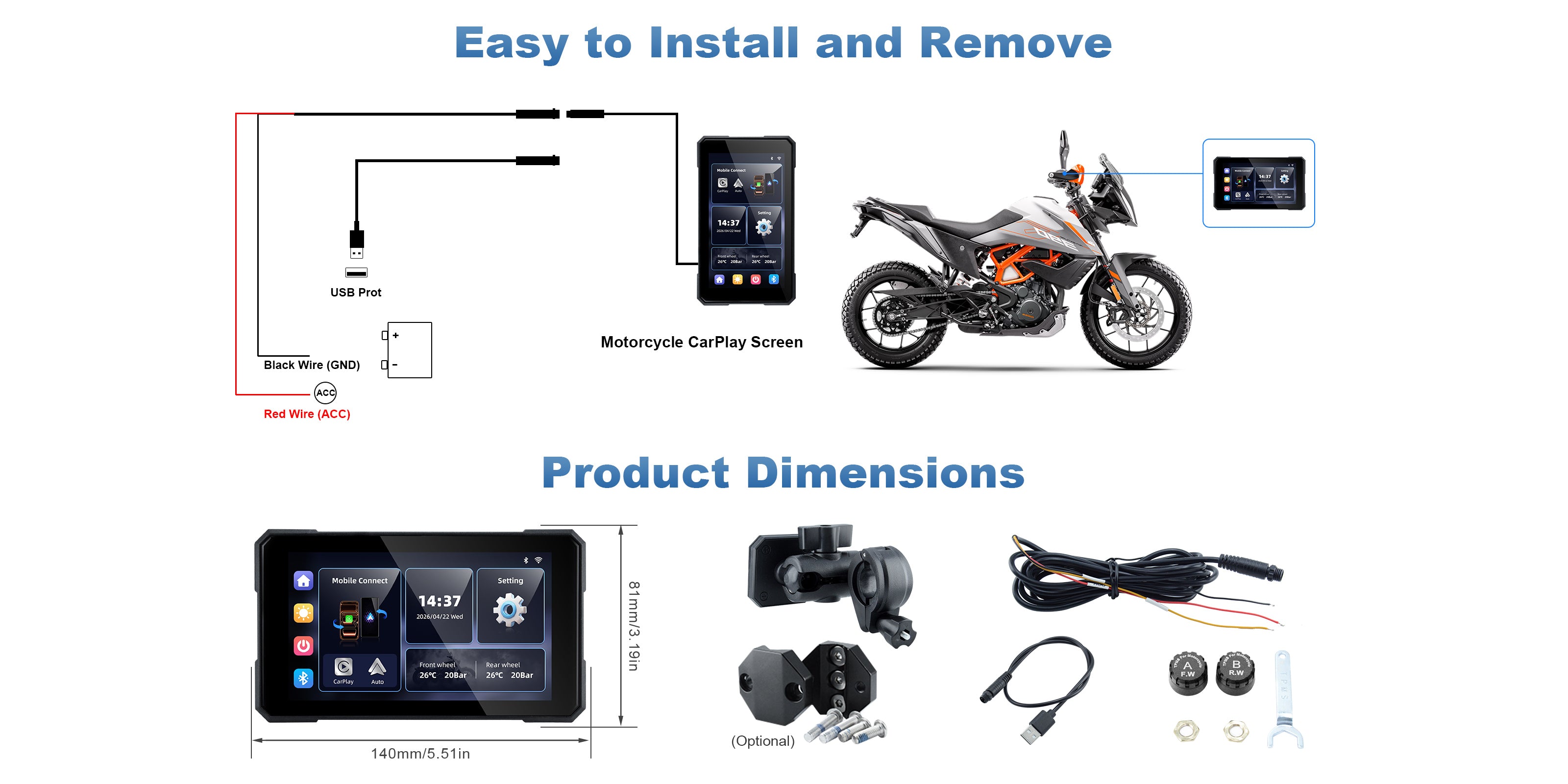 Linkifun MT15A motorcycle navigation screen wiring installation diagram showing power connection and setup