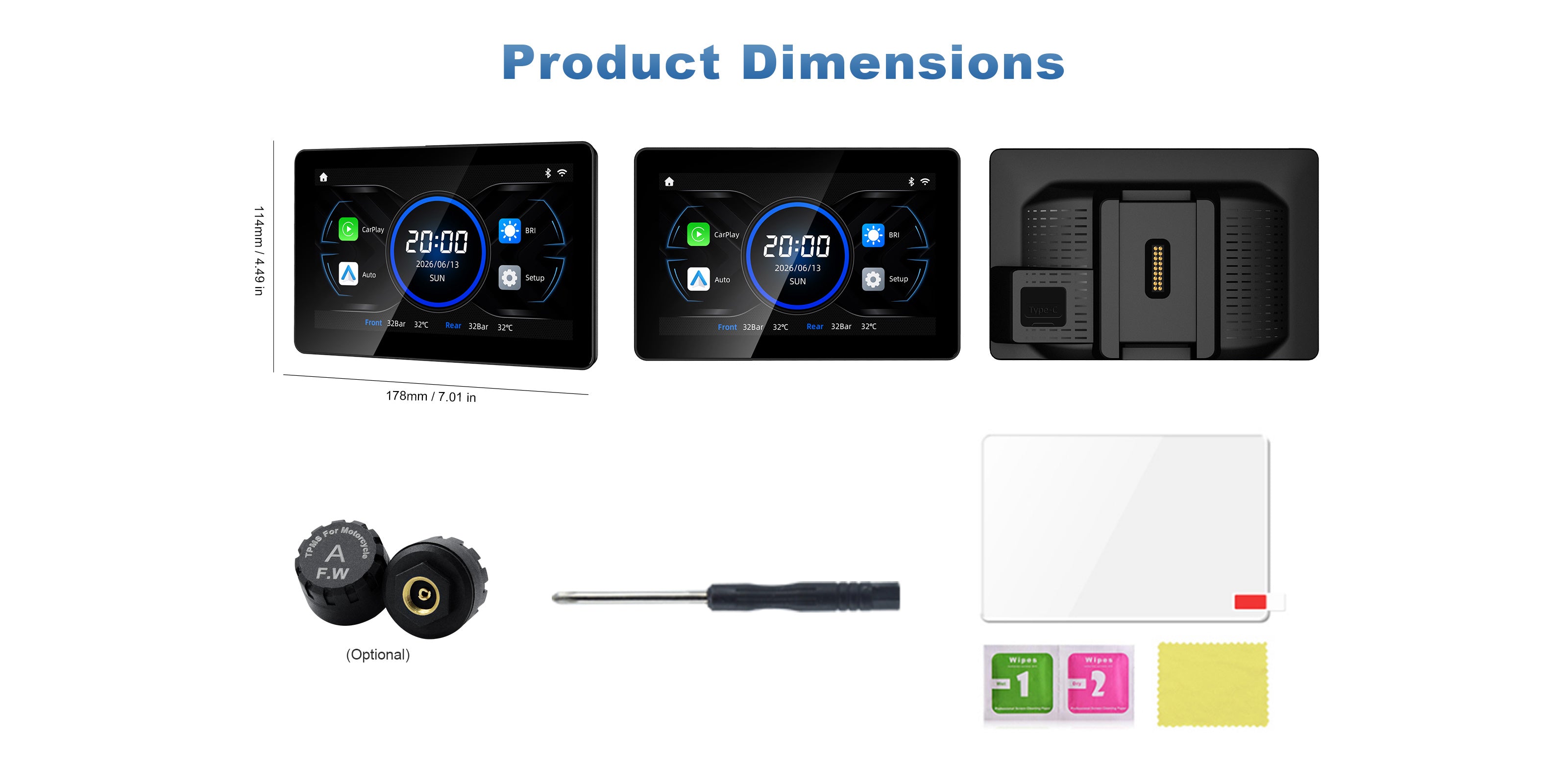 Linkifun MT18A Pro BMW motorcycle display product dimensions and package contents overview, showing size specifications and included accessories.