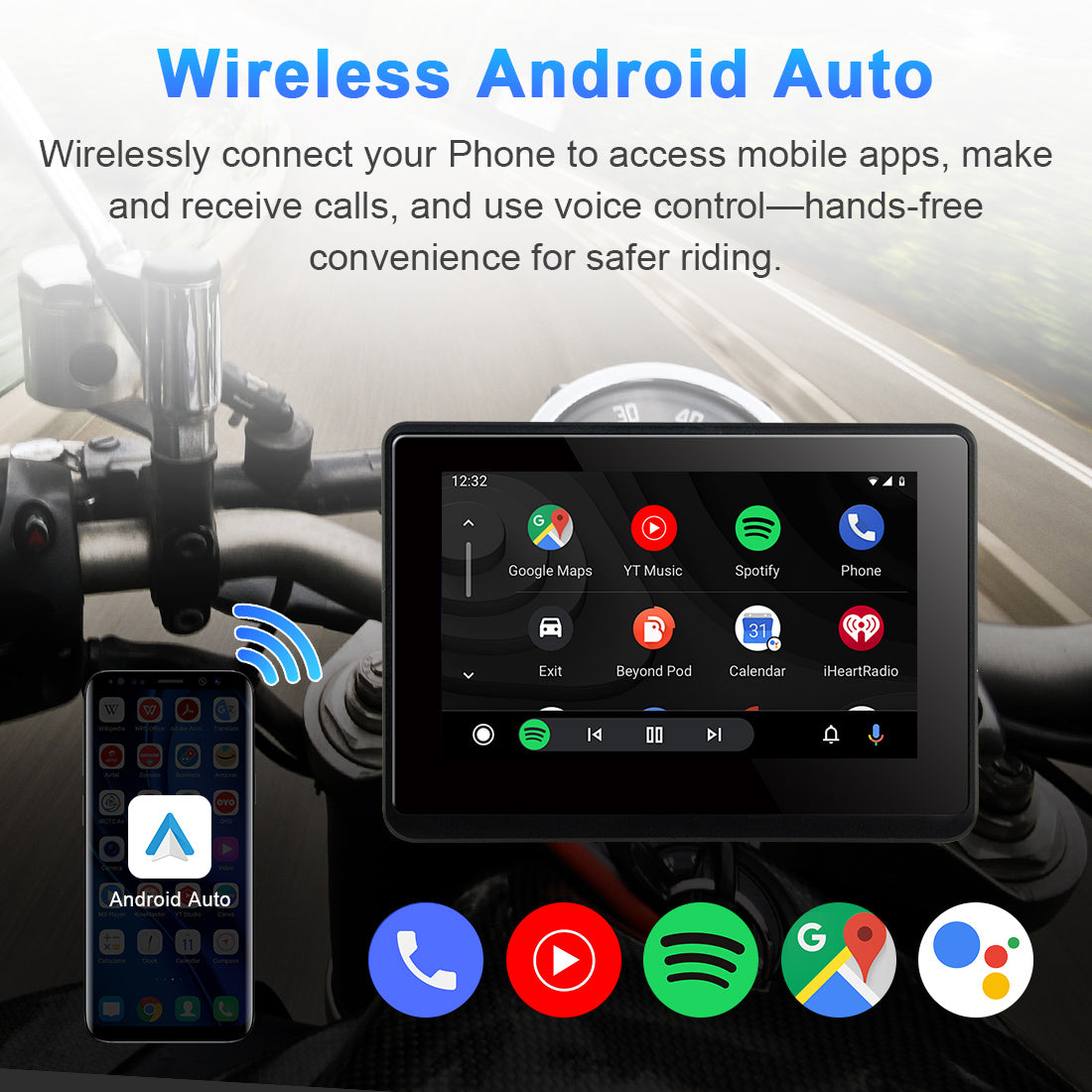 Linkifun MT1A motorcycle screen with wireless Android Auto for Android users, enabling voice control, GPS, and music access without cables