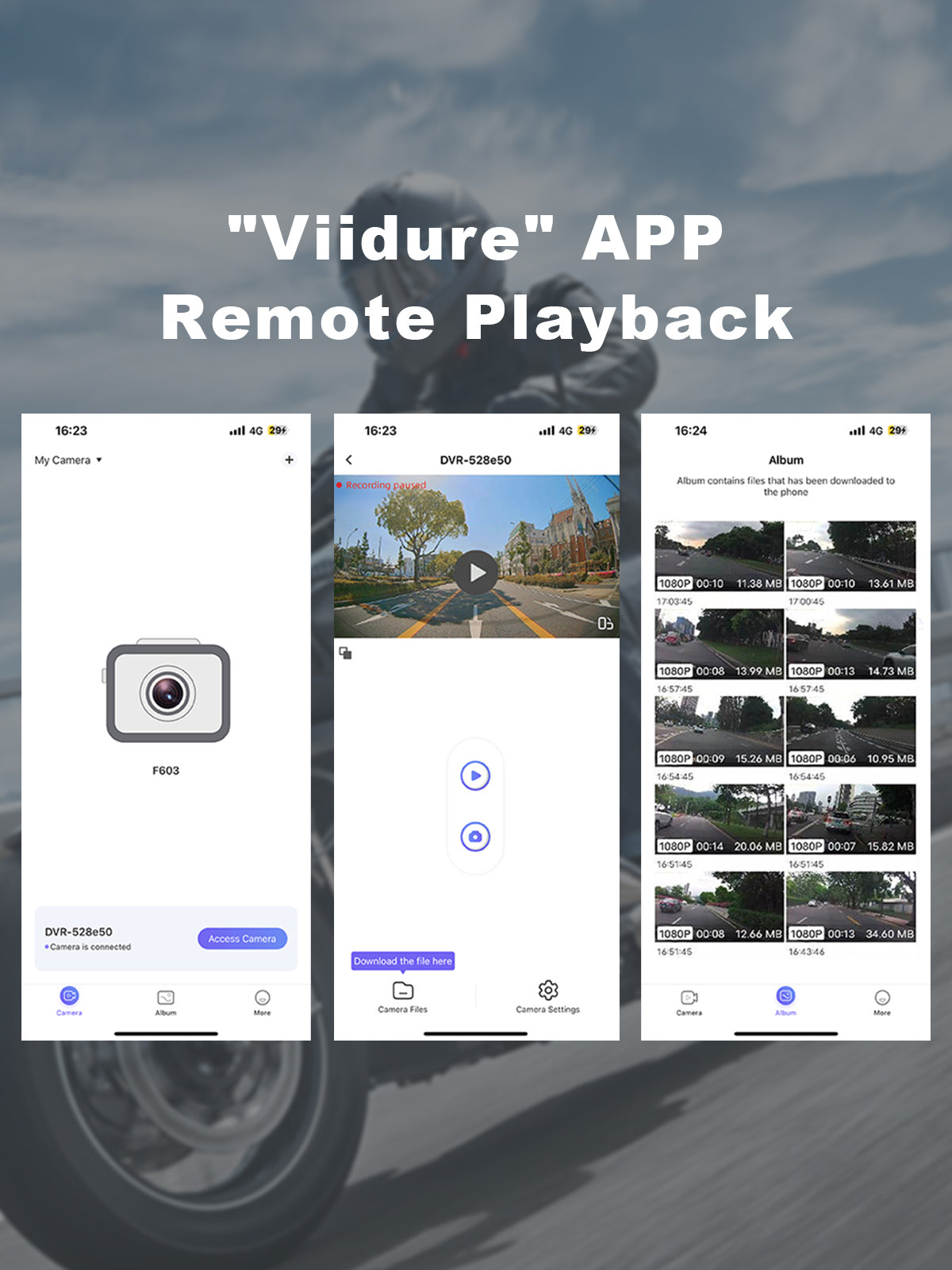 Linkifun MT20 MT30 motorcycle navigation screen with app video playback, allowing riders to preview, review, download, and share recorded footage anytime via smartphone app